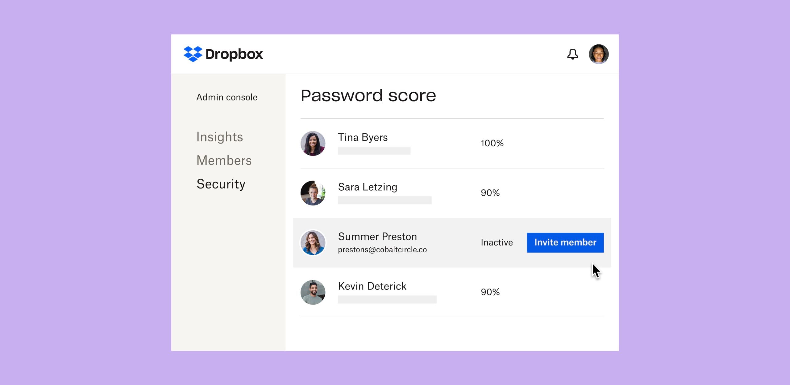 A Dropbox interface showing individual users’ password scores and a blue button labelled ‘invite member’ next to an inactive user profile